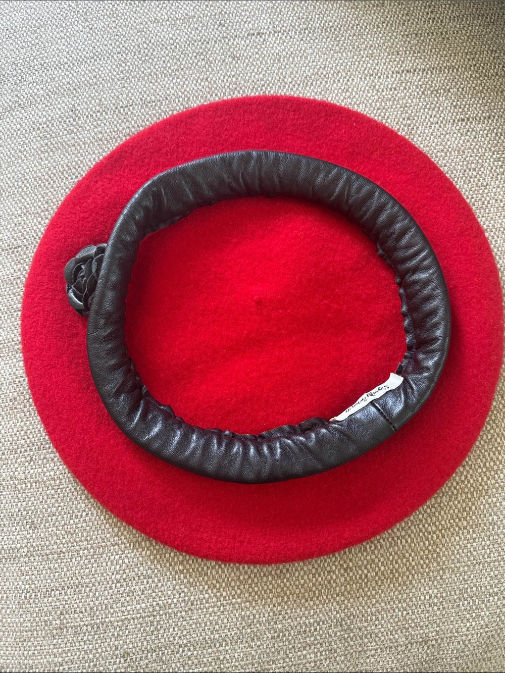 Red Wool Beret with Black Leather Headband Vintage